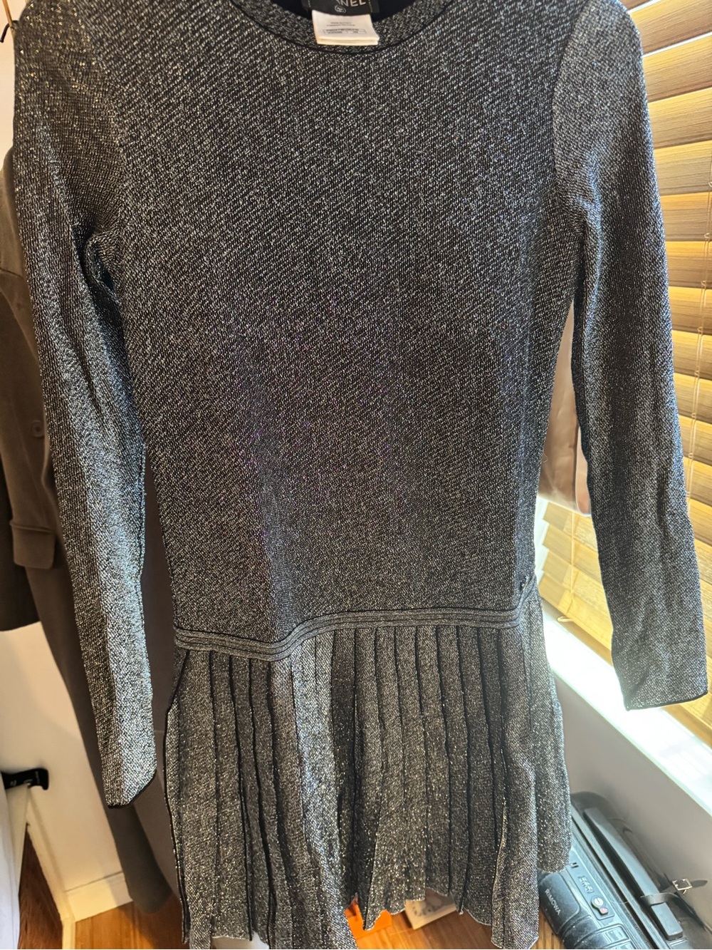 CHANEL Silver Metallic Knit drop waist pleated dress